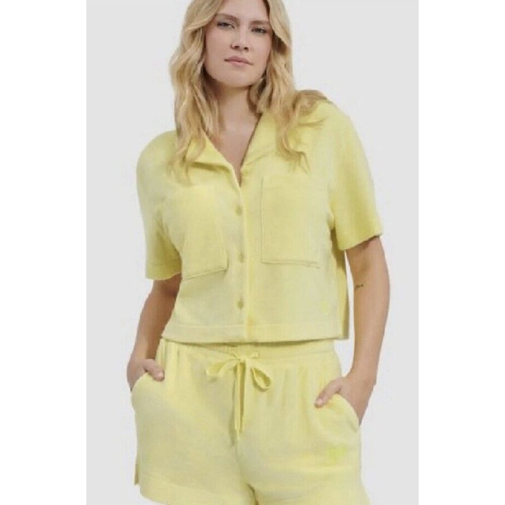 UGG Women's Saniyah Button down Terrycloth Shirt Honeycomb Cropped Casual‎ Logo